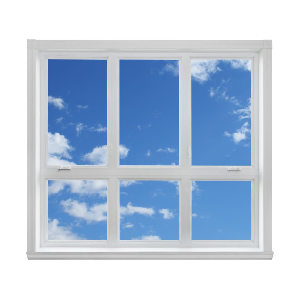 A white double-hung window with cloud showing through the glass