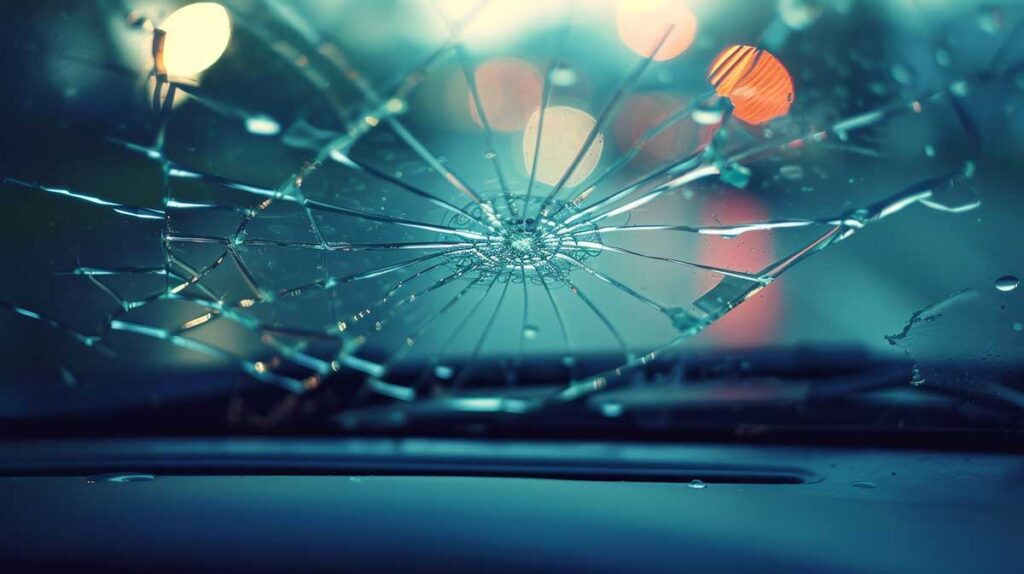 Star break spreading across a windshield at dusk with lights blurred behind it