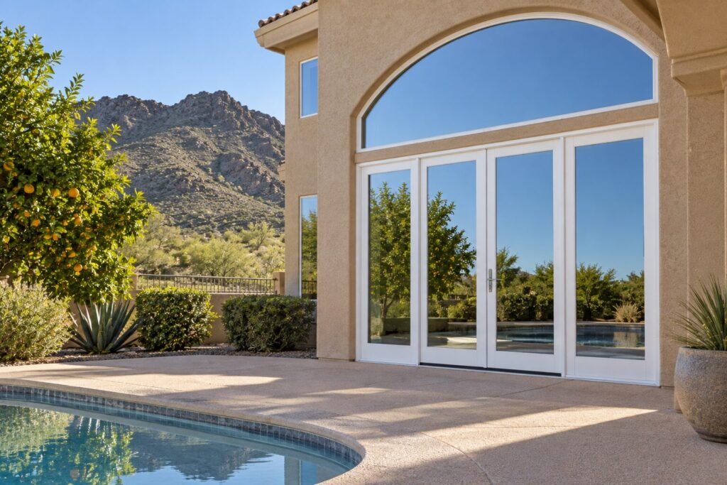 Arched transom window above glass patio doors on a stucco home in Ahwatukee, Arizona, with a desert mountain ridge behind