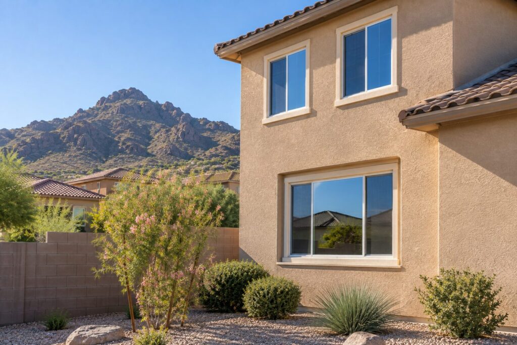 Upper story windows on a stucco home in Anthem, Arizona, with a desert mountain behind