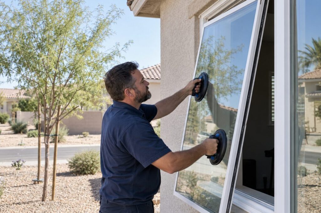 Technician fitting a new dual pane window sash into a white vinyl frame on a single story home in Avondale, Arizona