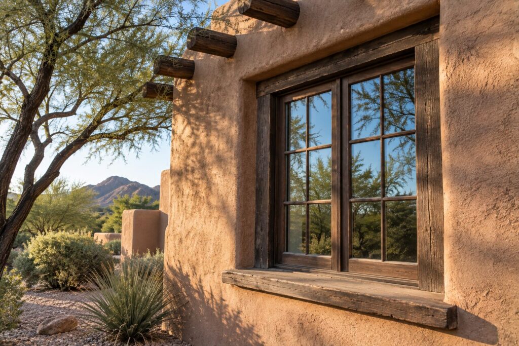 Wood framed window in a rustic territorial style desert home in Cave Creek, Arizona