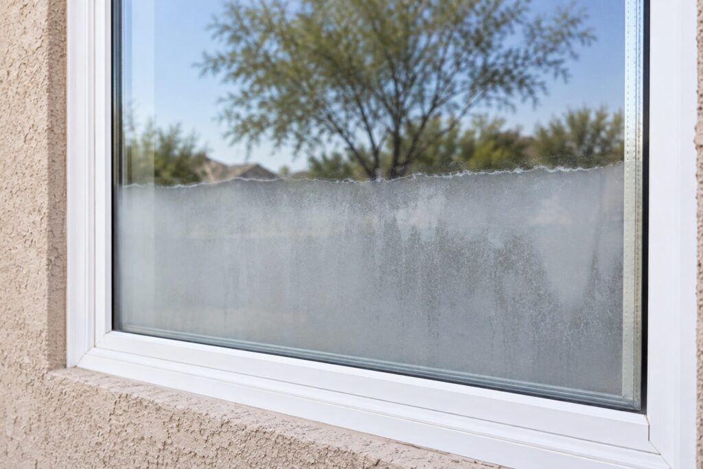 Failed dual pane window on a home in Chandler, Arizona, with haze and moisture sealed between the panes