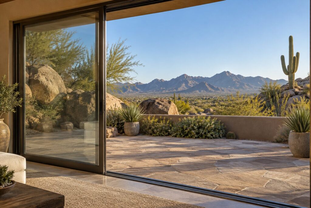 Wide sliding glass door standing open at a hillside home in Fountain Hills, Arizona, looking out to desert boulders, a saguaro and the McDowell Mountains