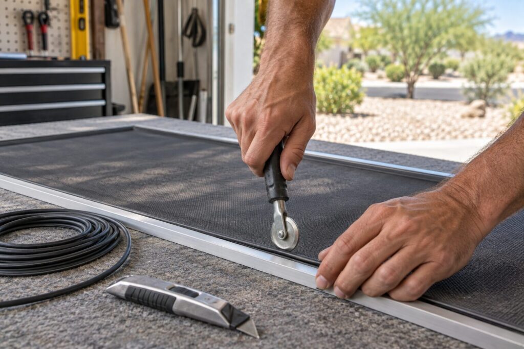 Rescreening a window screen frame with new mesh on a workbench