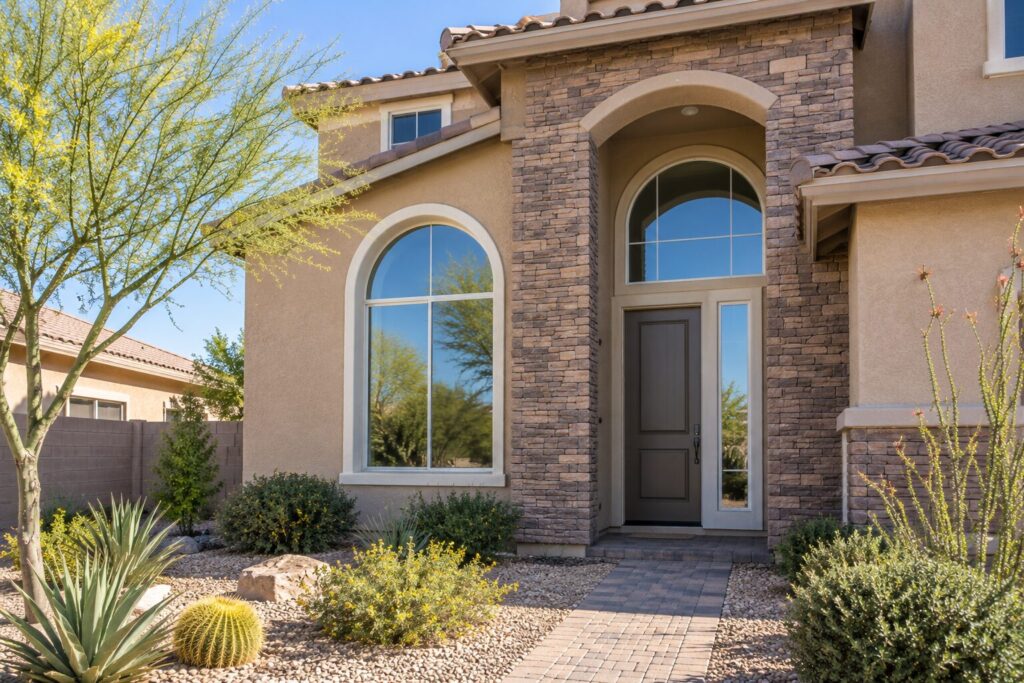 Tall arched entry window beside the front door of a two story home in Goodyear, Arizona