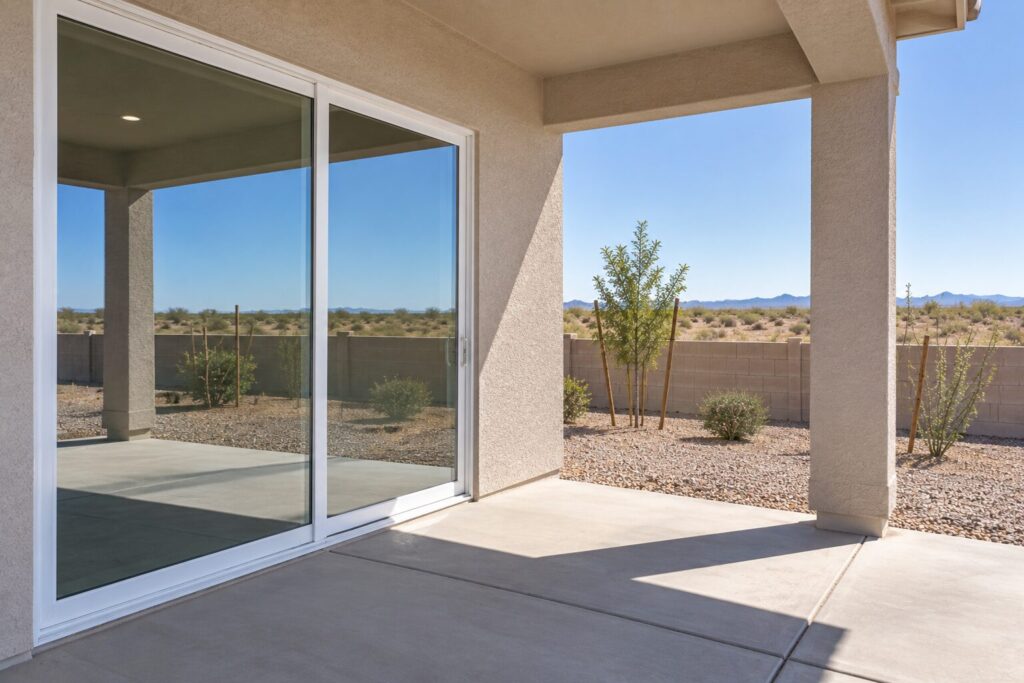 Sliding glass door on the covered patio of a newer home in Maricopa, Arizona, with flat open desert behind
