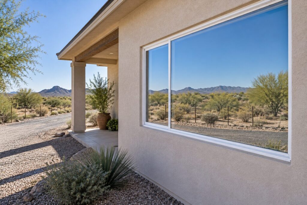 Wide window on the side wall of a rural desert home on acreage in New River, Arizona