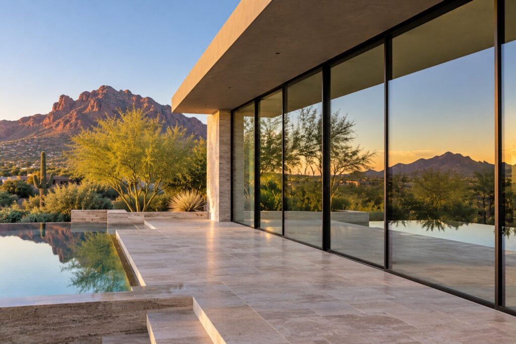 Floor to ceiling glass wall on a desert modern home in Paradise Valley, Arizona, with red rock mountains behind