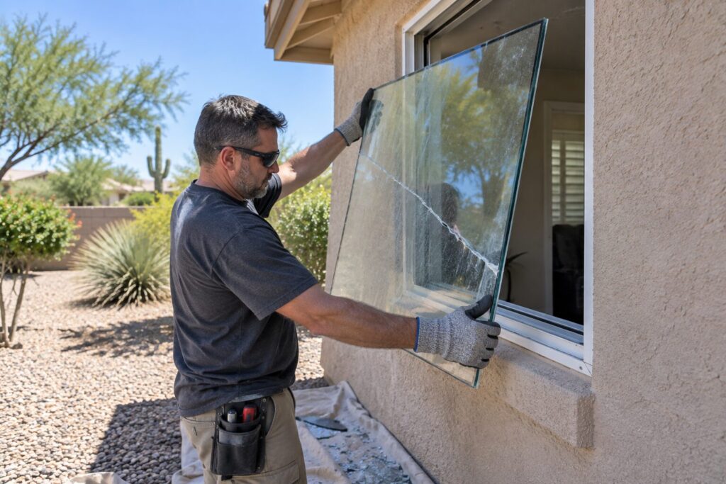 Glazier lifting a cracked pane out of a window frame on a home in Phoenix, Arizona