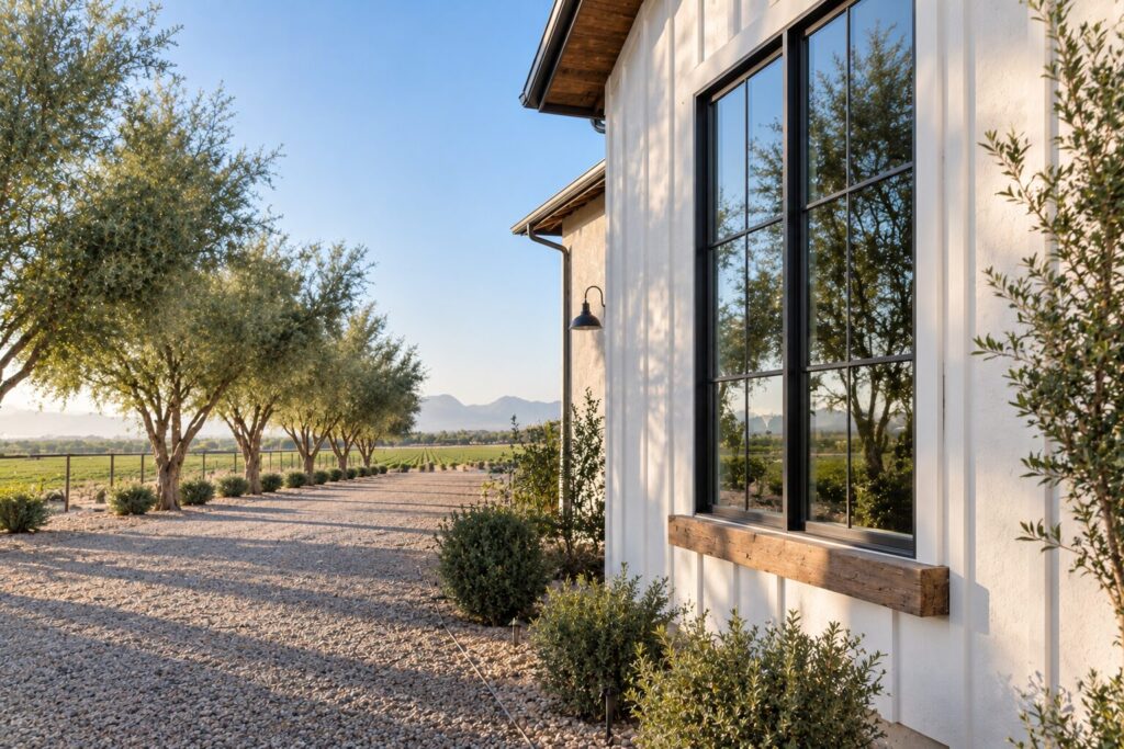 Tall farmhouse style window on a home in Queen Creek, Arizona, with olive trees and open agricultural land behind