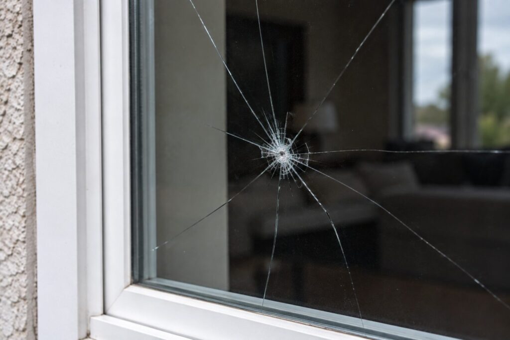 Close view of an impact crack spreading from a chip in a residential window pane