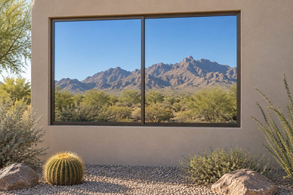 Wide two panel window in a desert contemporary home in Scottsdale, Arizona, framing a view of the McDowell Mountains