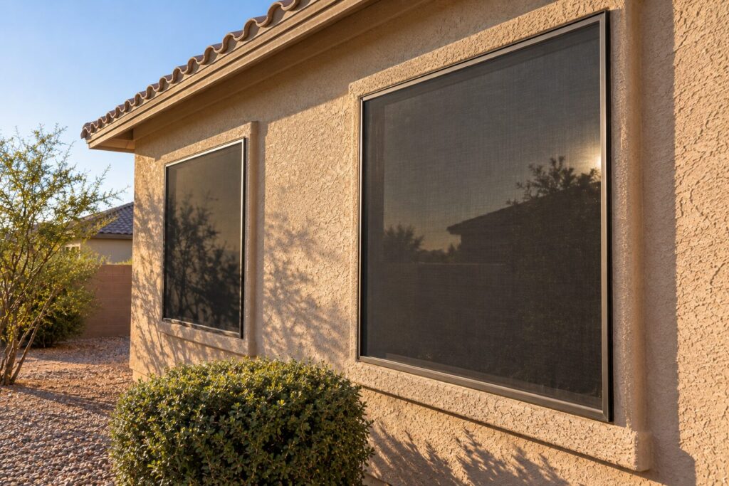 Dark sun screen fabric fitted over the windows on the shaded side of a home in Surprise, Arizona