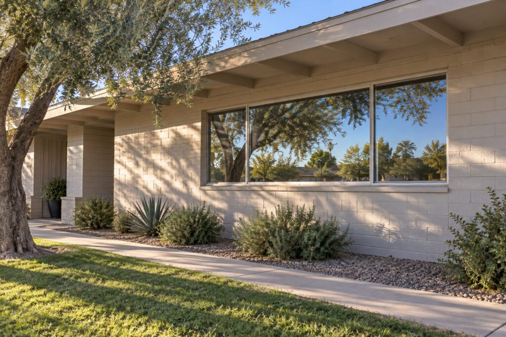Wide horizontal slider windows on a mid century painted block ranch home in Tempe, Arizona, shaded by a mature olive tree