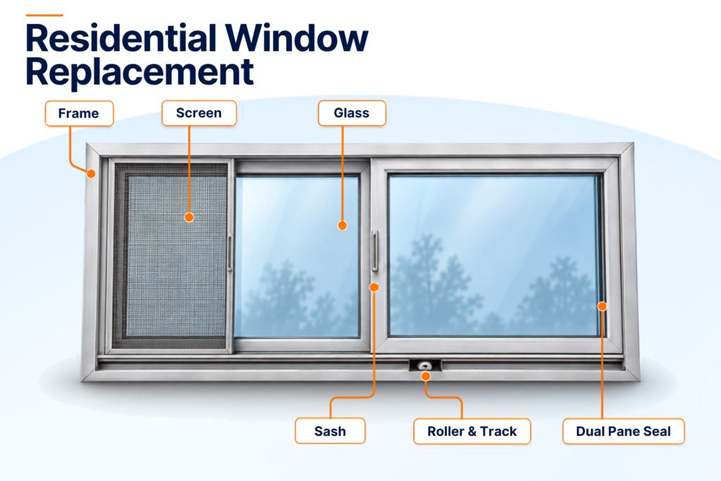 Diagram of a sliding window labeling the frame, screen, glass, sash, roller and track, and the dual pane seal