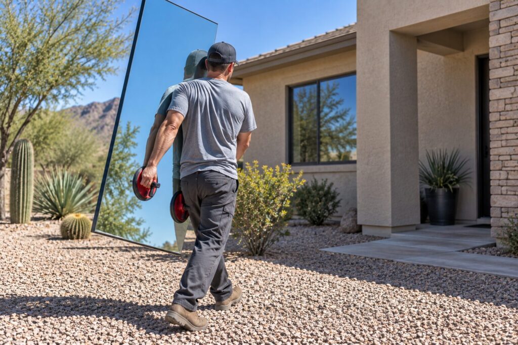 Glazier carrying a sealed dual pane glass unit with suction cup handles