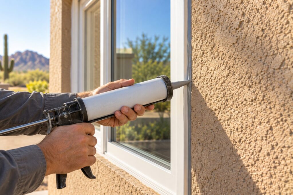 Neat bead of sealant being run along the outside edge of a window frame against stucco