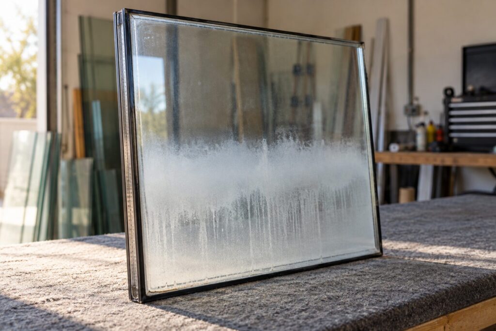 Fogged insulated glass unit standing on a workbench after removal from the frame