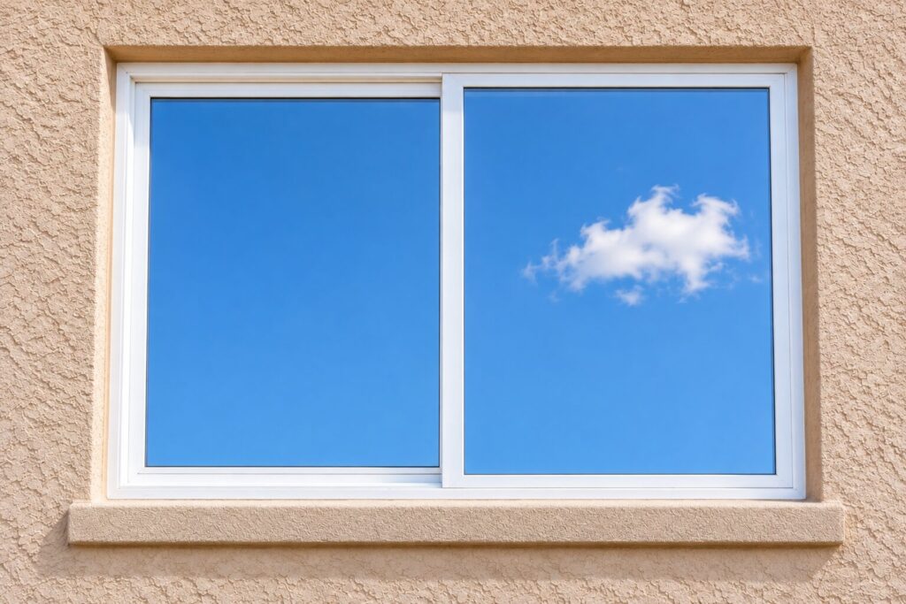 Newly replaced clear window glass in a white vinyl frame on an Arizona home