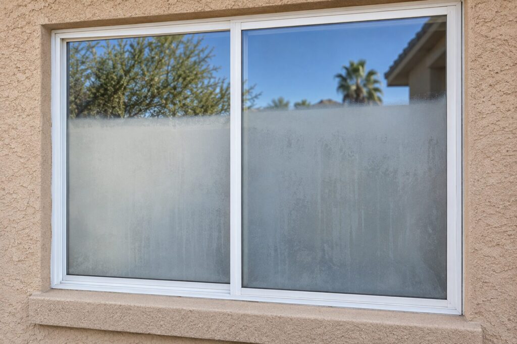 Cloudy moisture trapped between the panes of a failed dual pane window unit