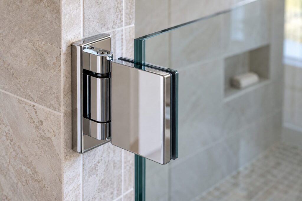 Polished chrome clamp and hinge holding a thick frameless glass shower panel