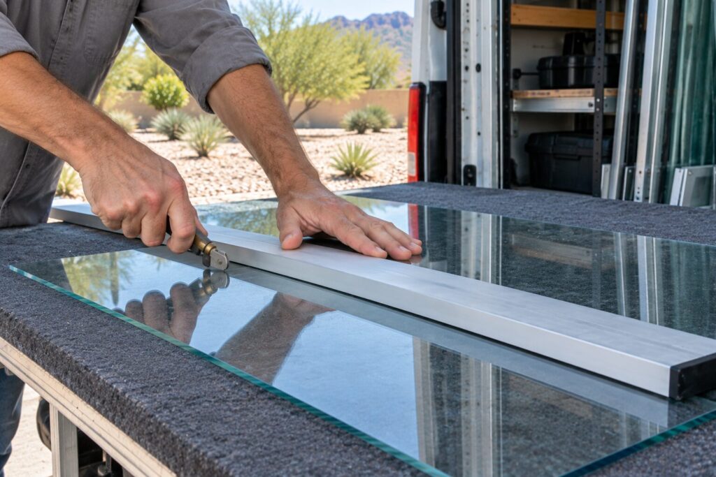 Glazier scoring a sheet of glass against a straight edge on a truck bed cutting table