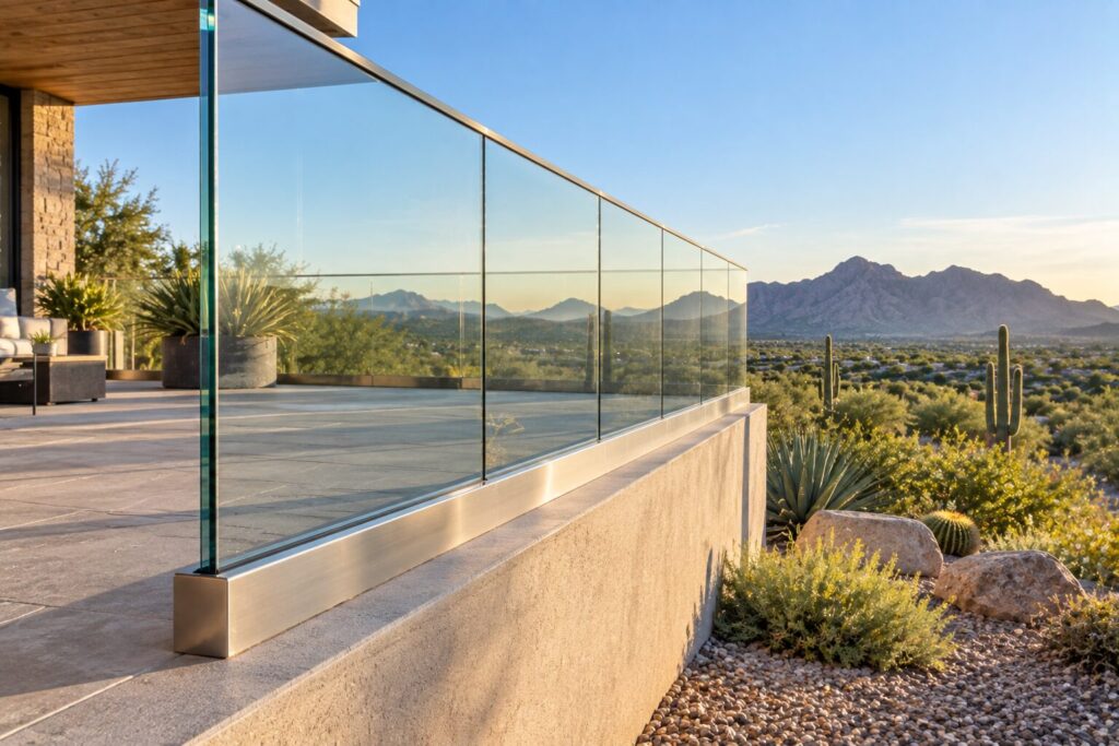 Frameless glass balustrade panels in stainless base channel along a raised terrace edge
