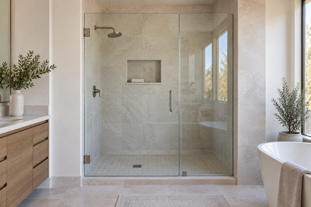 Clear glass shower door and fixed panel in a tiled Phoenix bathroom