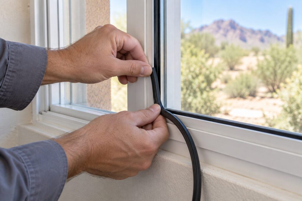 Vinyl glazing bead being pressed into the channel around a newly set pane