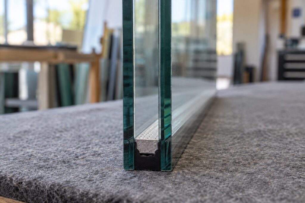 Edge view of an insulated glass unit showing the spacer bar between the two panes