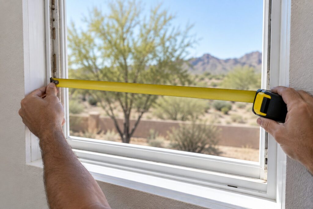 Measuring the width of a window opening with a tape measure before ordering replacement glass