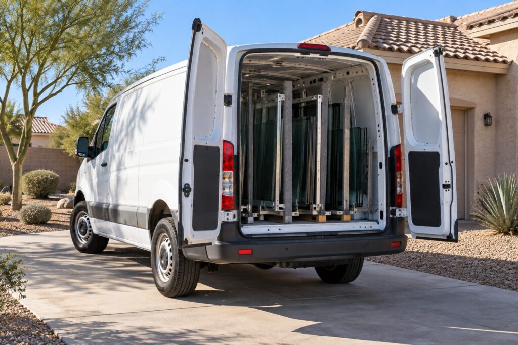 Plain white service van with the rear doors open showing interior glass racks, parked in the driveway of a Phoenix area home