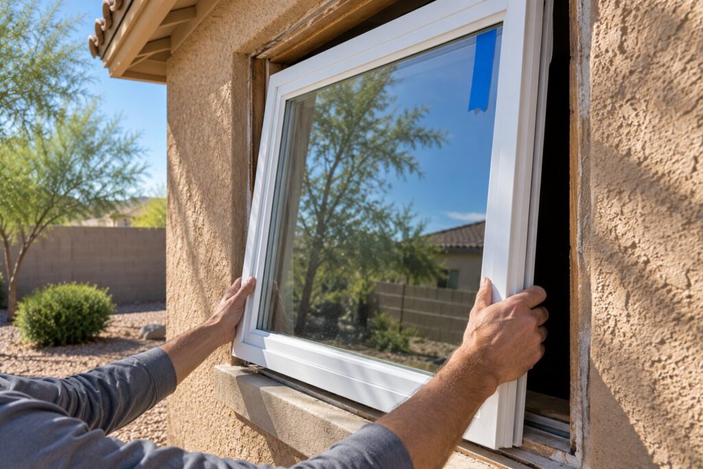 New white vinyl window being set into a rough opening in a stucco wall