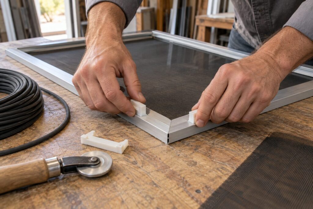 Plastic corner keys being pressed into the mitred ends of an aluminum screen frame