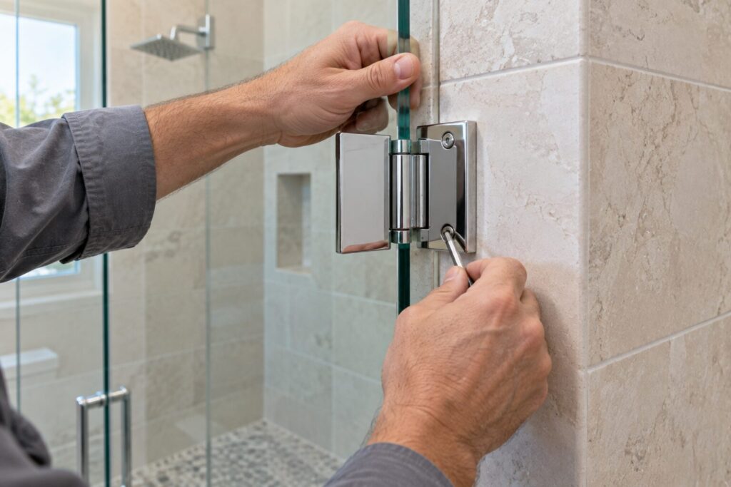Chrome pivot hinge being aligned on the edge of a frameless glass shower door