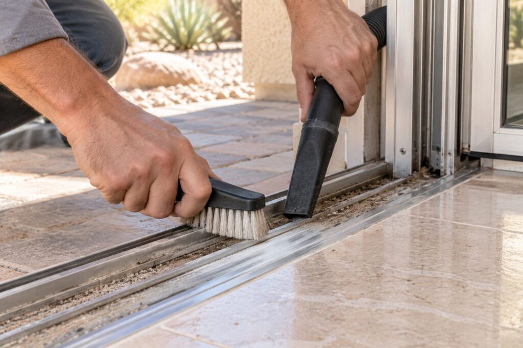 Stiff brush and vacuum nozzle clearing grit from the bottom track of a sliding patio door