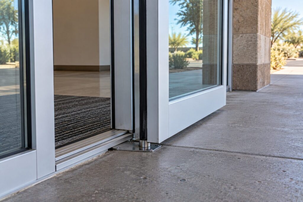 Aluminum storefront entry door being swung on its bottom pivot during adjustment