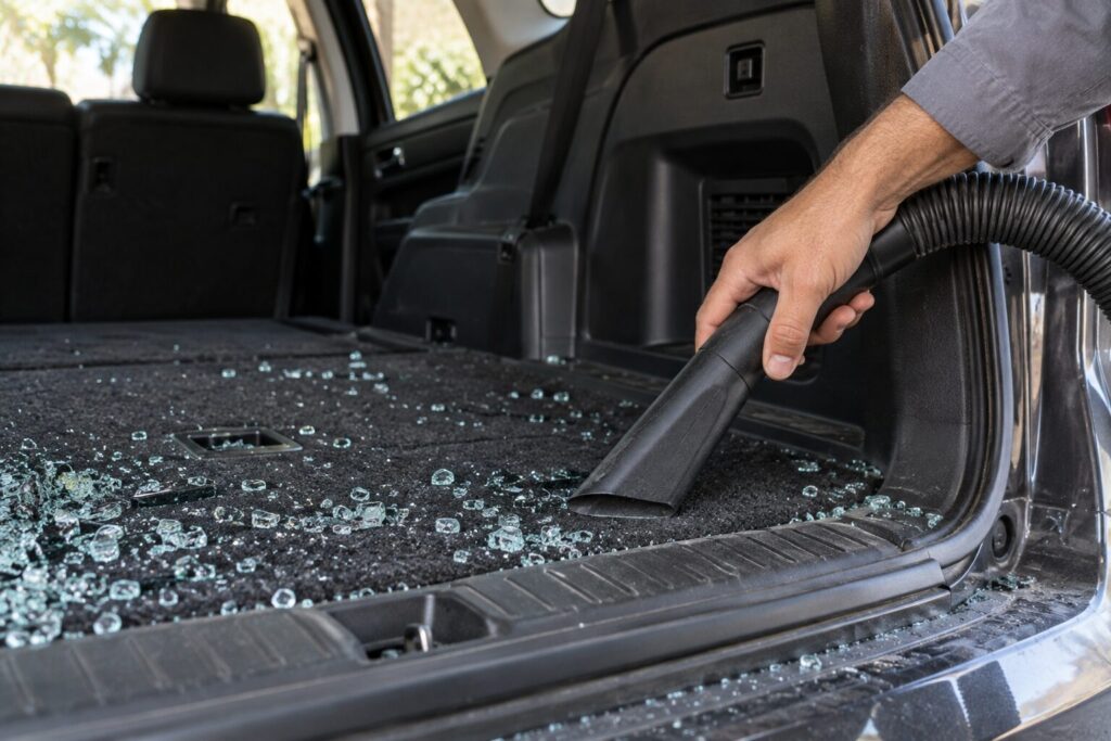 Shop vacuum drawing pebbled tempered glass fragments out of a vehicle load area