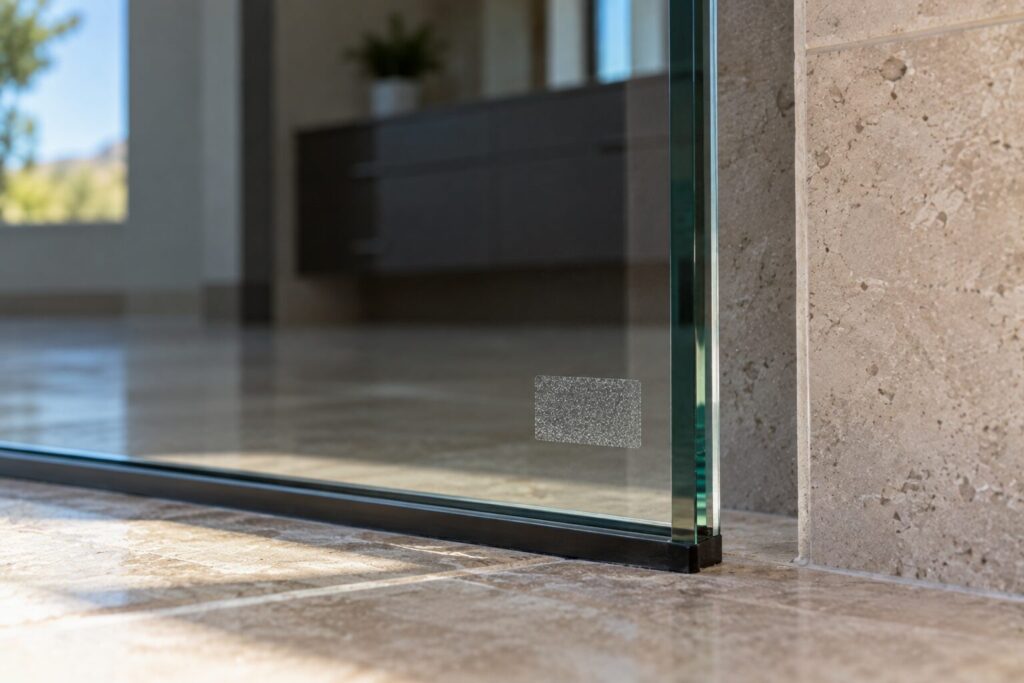 Etched safety glazing stamp in the corner of a tempered glass panel