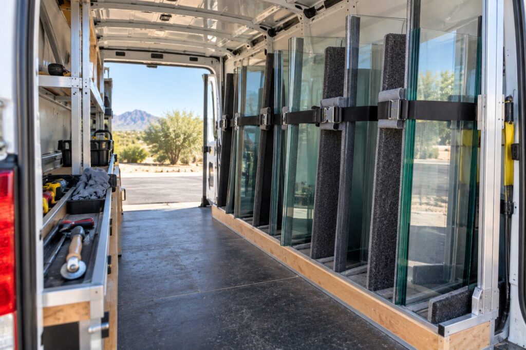 Interior glass racks in a service van loaded with panes on edge in felt-lined slots
