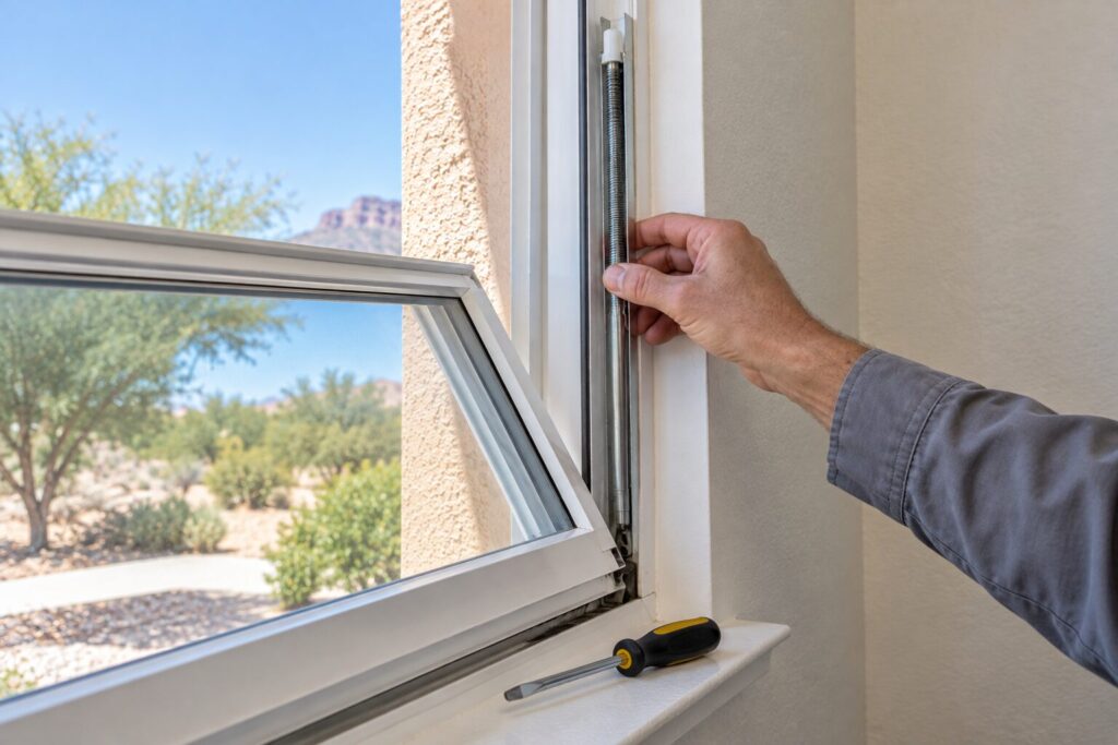 Replacement spiral balance being fitted into an aluminum window jamb