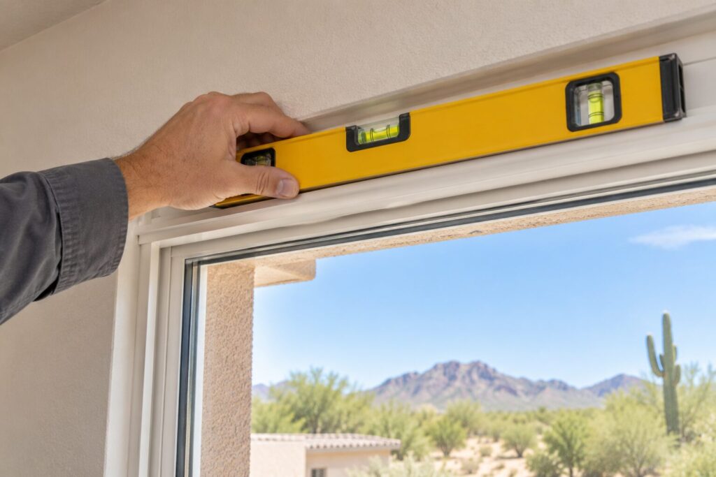Spirit level laid along the head of a newly installed window