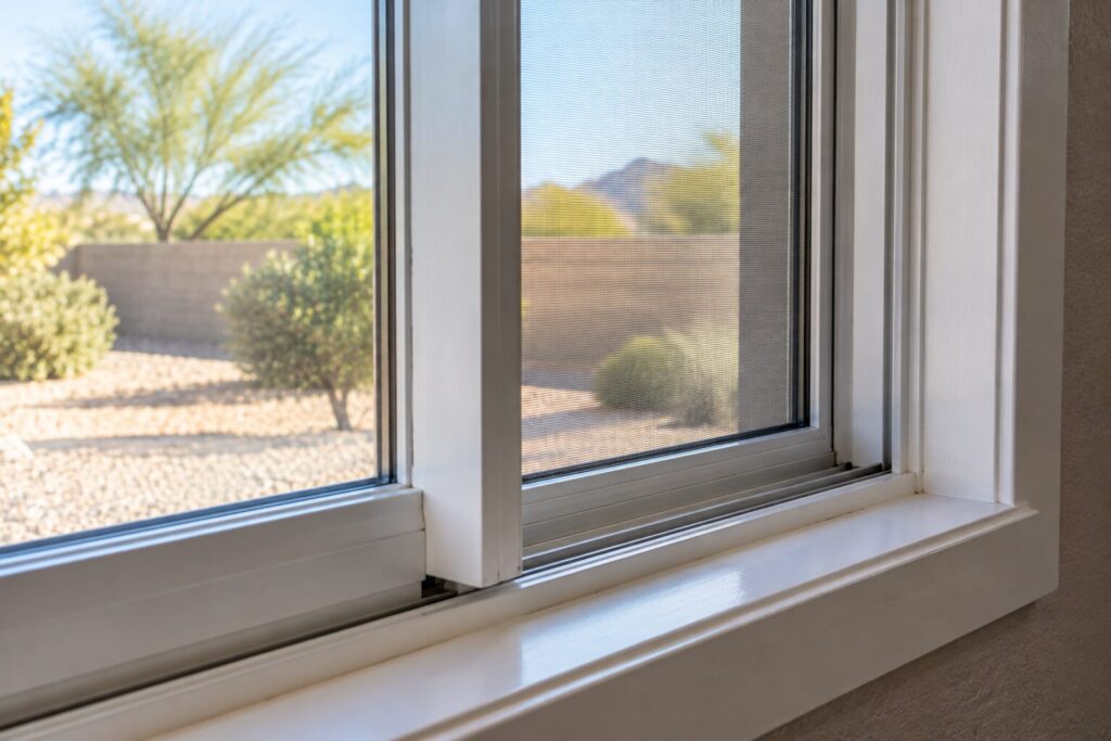 Close view of a sliding window showing the sash, frame, glazing bead and track