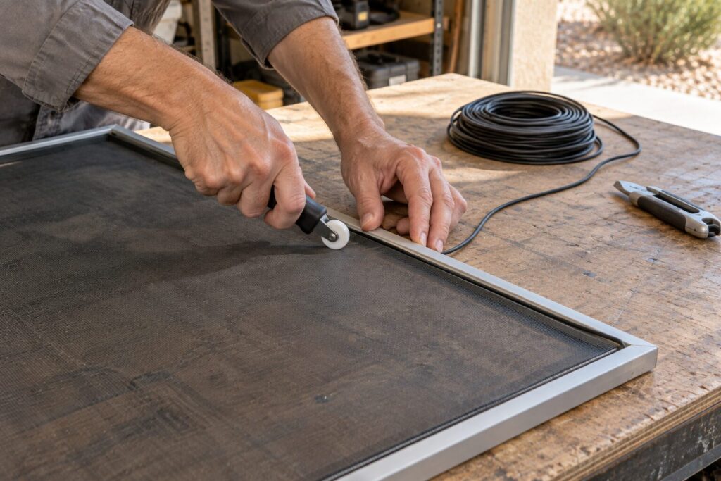 New sun screen fabric being splined into an aluminum screen frame on a workbench