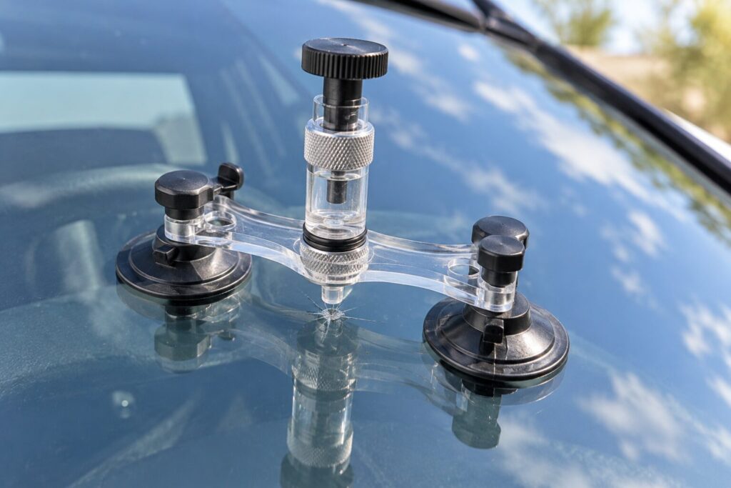 Resin injector bridge fitted over a stone chip during windshield chip repair