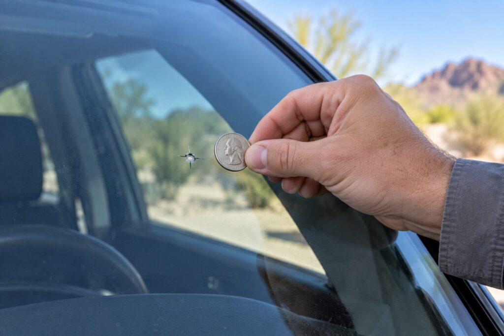 A quarter held beside a star break on a windshield to judge whether it can be repaired