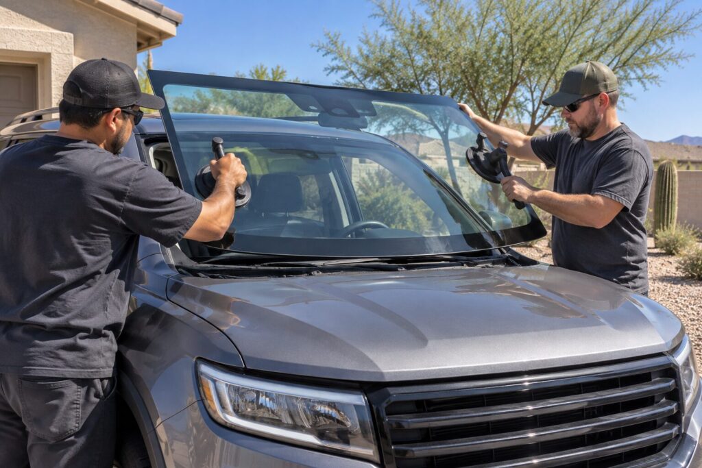 New windshield being set into a vehicle during mobile auto glass service